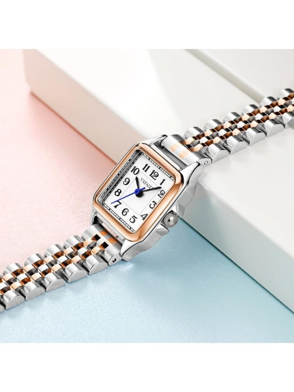 Women's Silver-Rose Gold Black Solid Stainless Steel Band Dainty Square Watch - Picture 5 of 6